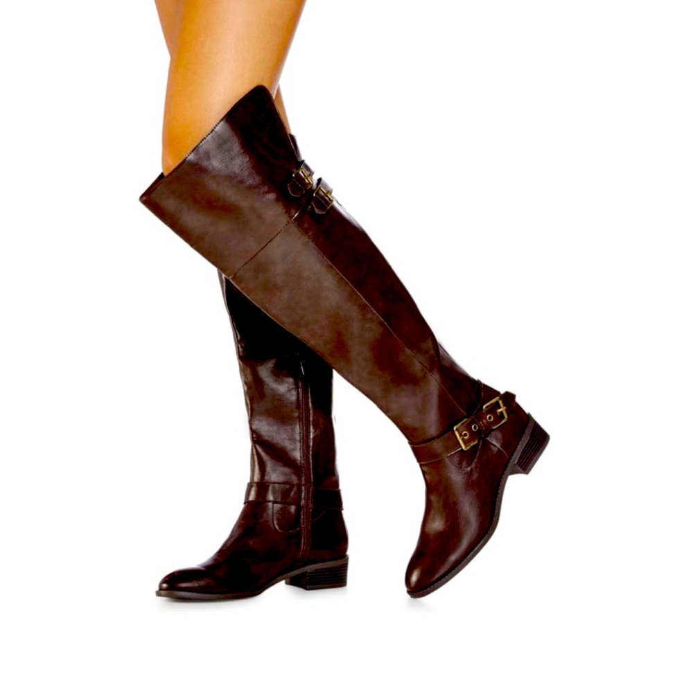 SHOEDAZZLE LONDRA BROWN KNEE HIGH BUCKLE BOOTS